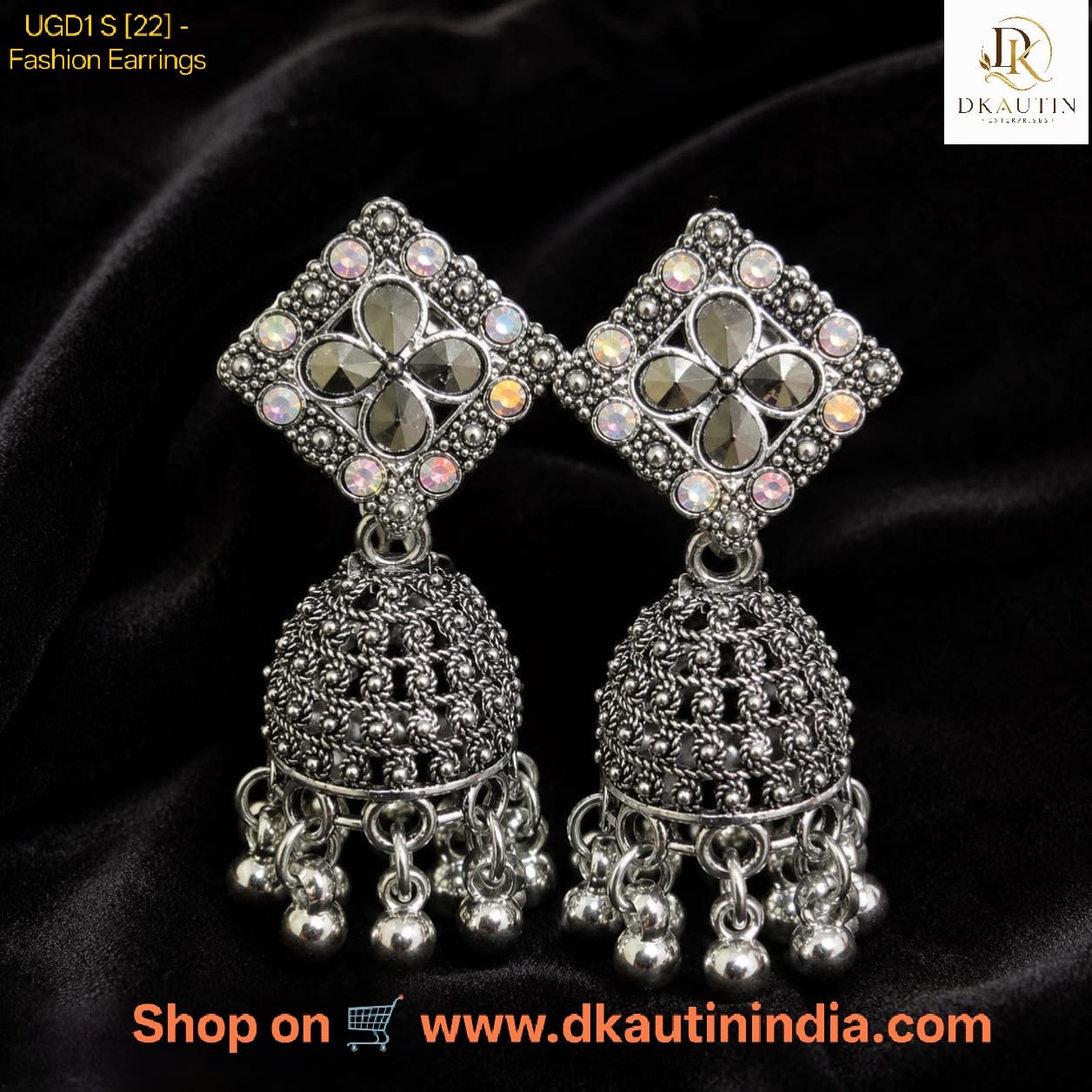Oxidised Silver Floral Crystal Jhumka Earrings | Shringarika, shop online in India