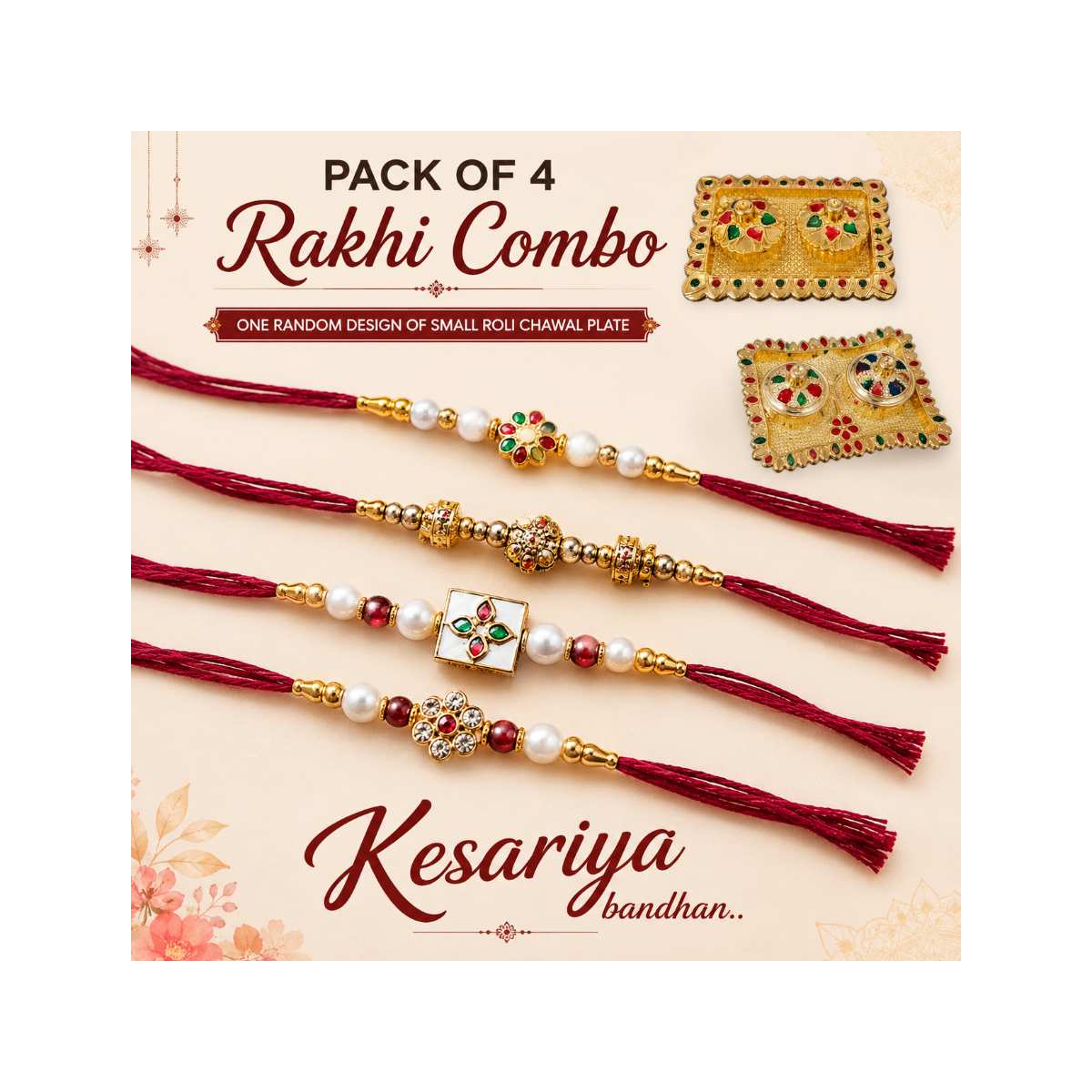 Kesariya Bandhan Premium Fancy Rakhi Combo Pack of 4 with Free Random Design Roli Chawal Plate | Designer Pearl Rakhi Set for Raksha Bandhan — wholesale price India
