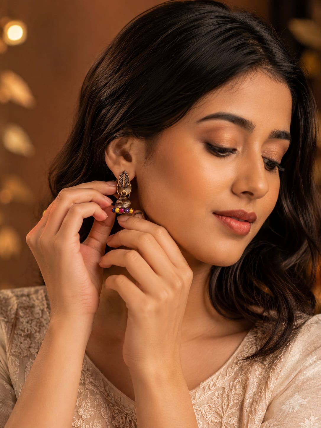 Antique Gold Leaf Jhumka with Colourful Beads | Shringarika, thumbnail 3