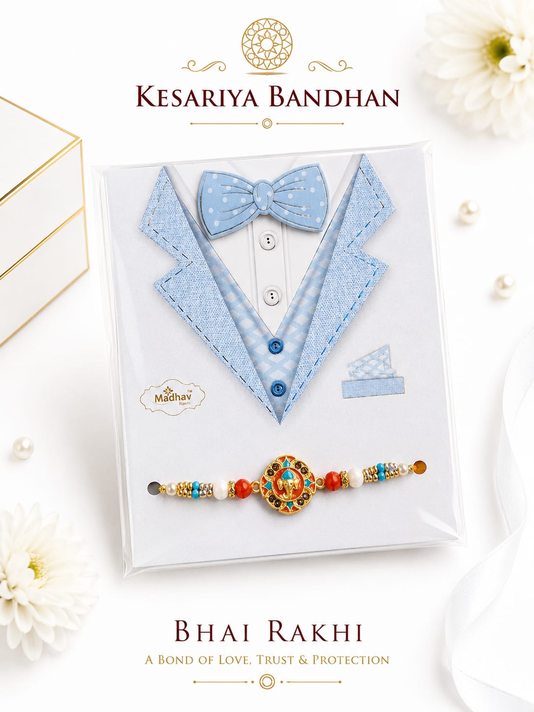 Premium Designer Ganesha Bhai Rakhi with Elegant Greeting Card | Handmade Thread Rakhi for Brother | Traditional Raksha Bandhan Gift | Pack of 1 — wholesale price India