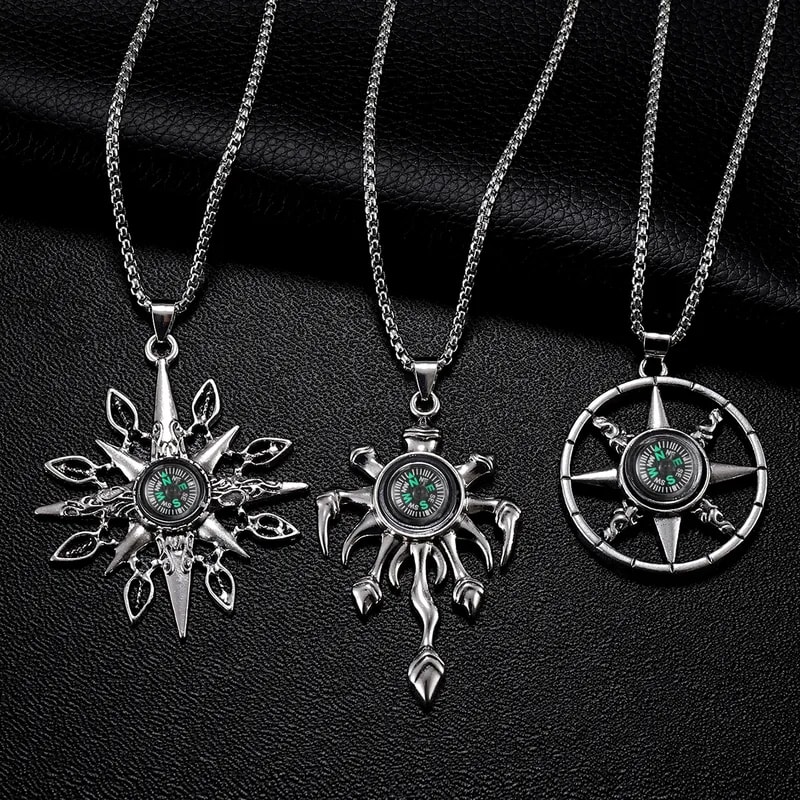 Vintage Compass Star Pendant Necklace for Women & Men | Silver-Tone Statement Chain Necklace, thumbnail 3