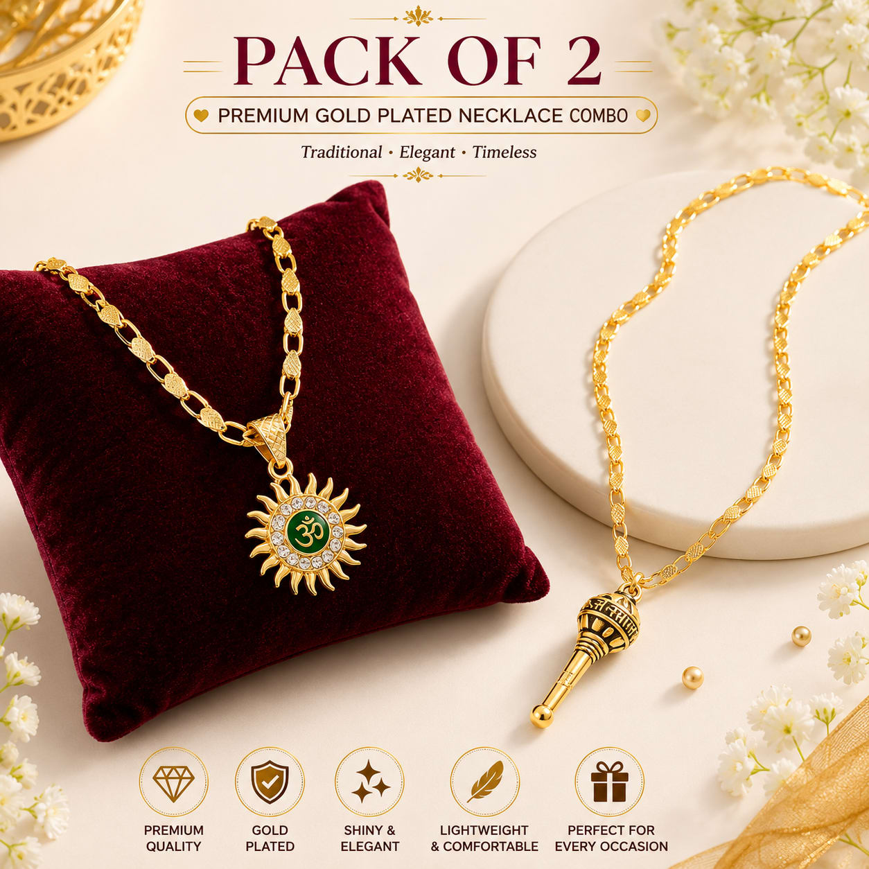 Gold Plated Om & Mahadev Damru Pendant Combo Necklace for Men & Boys | Religious Hindu Chain Set | Pack of 2 — wholesale price India