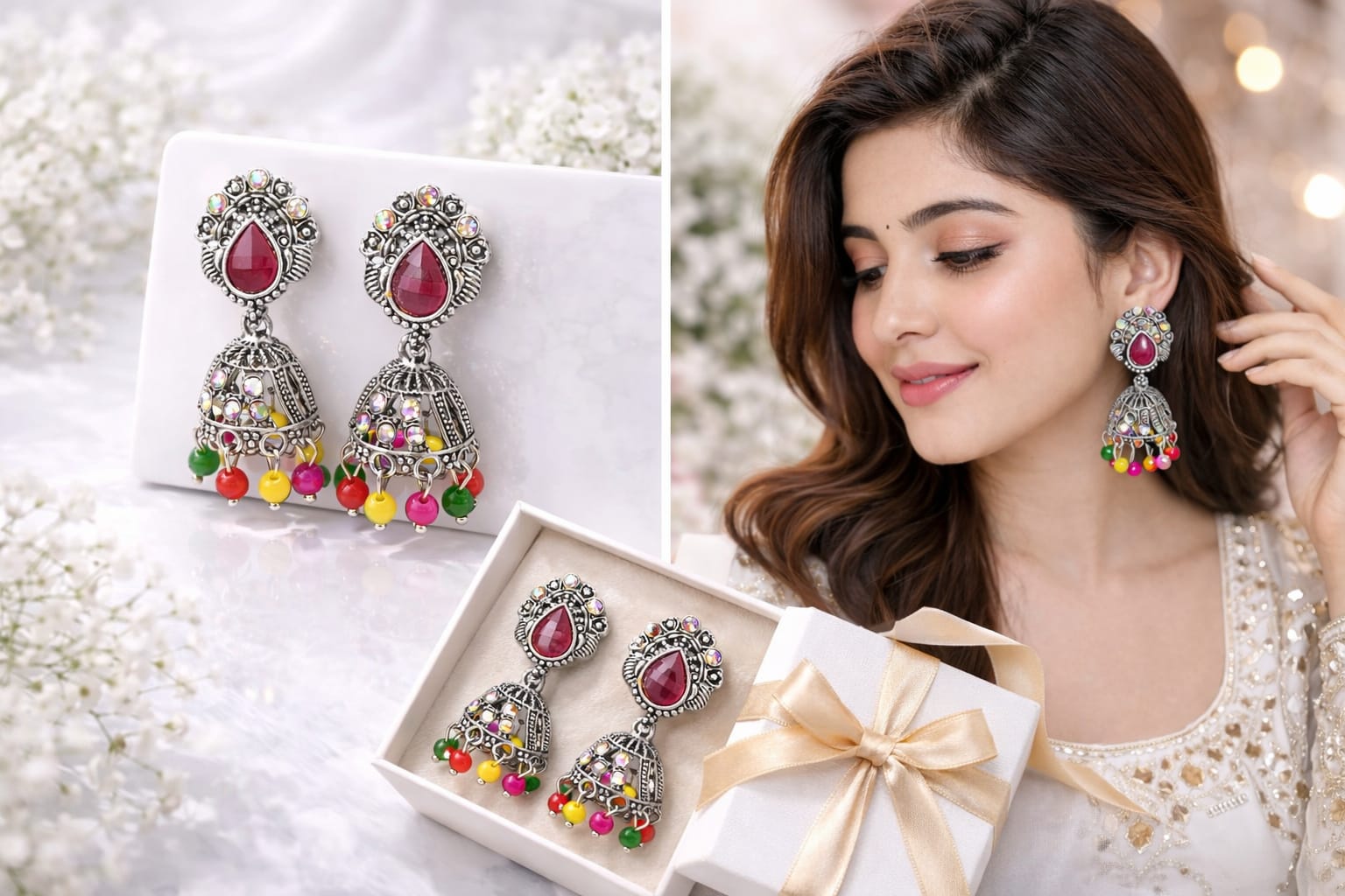 Oxidised Silver Plated Multicolor Beaded Jhumka Earrings for Women | Traditional Ethnic Dangler Earrings with Ruby Red Stone, thumbnail 3