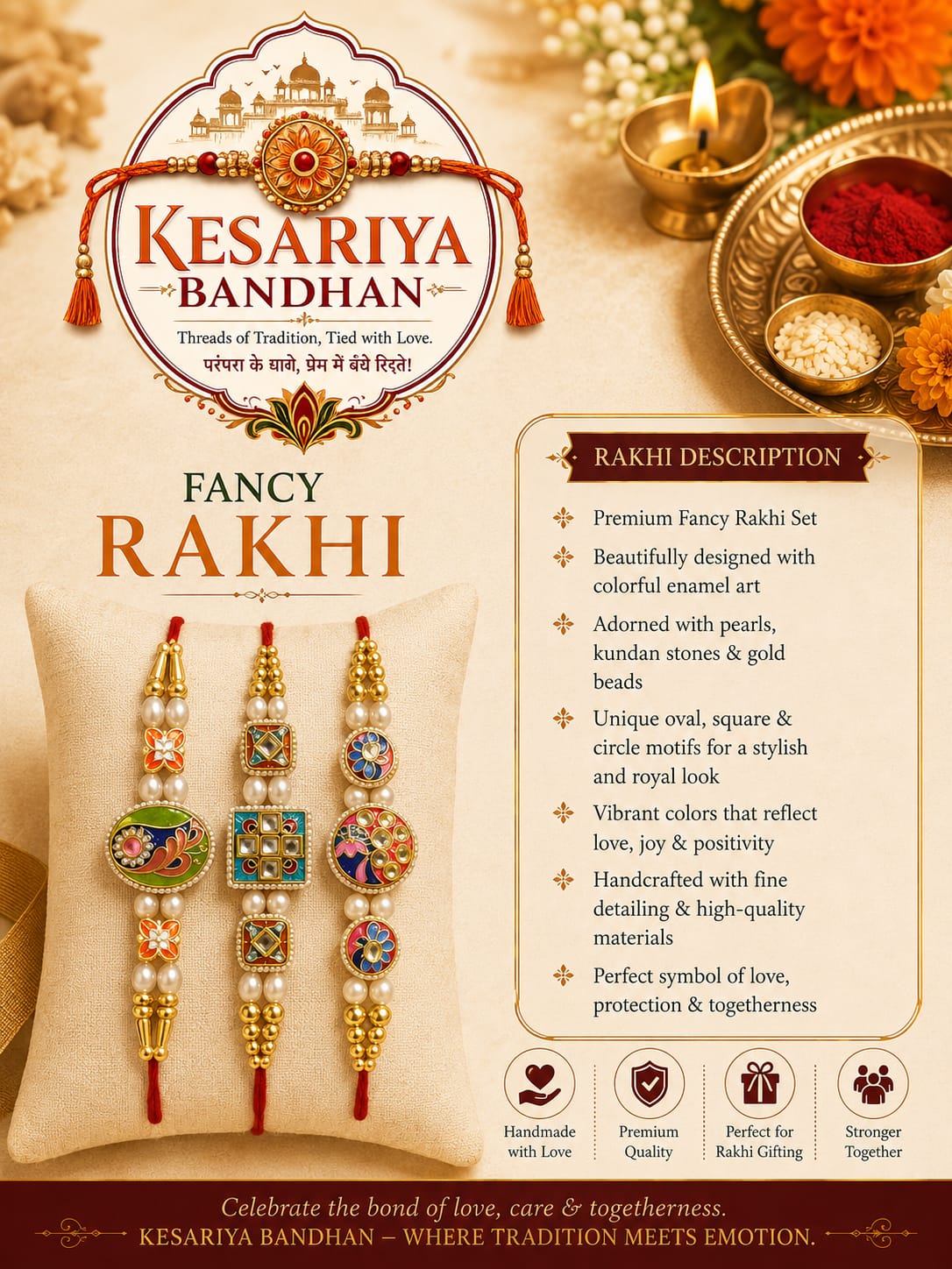 Kesariya Bandhan Premium Fancy Rakhi Set of 3 | Colorful Enamel & Pearl Designer Rakhi Combo | Handcrafted Raksha Bandhan Rakhi for Brother — wholesale price India
