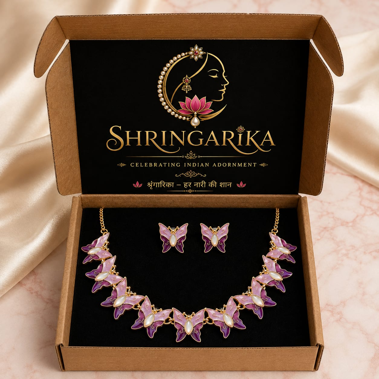 Shringarika Purple Butterfly Pearl-Style Necklace Set for Women, thumbnail 4