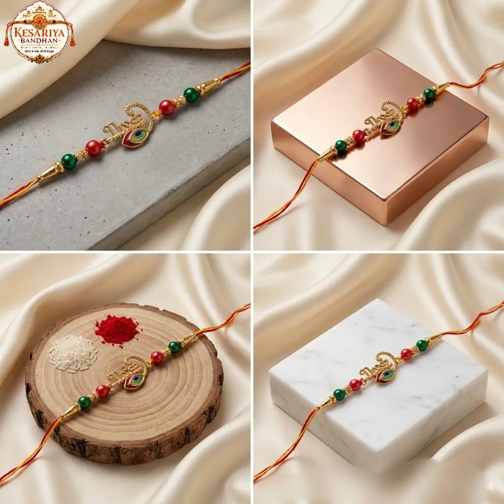 Krishna Peacock Feather Rakhi for Brother | Kesariya Bandhan, thumbnail 4