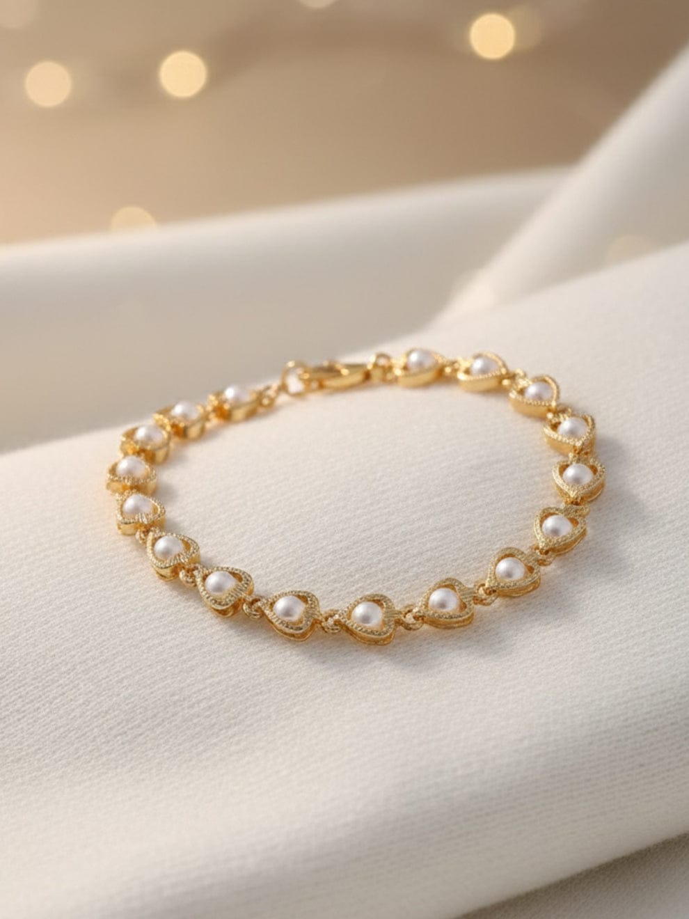 Pearl Heart Gold Plated Adjustable Bracelet for Women | Elegant Heart Link Bracelet — wholesale price India