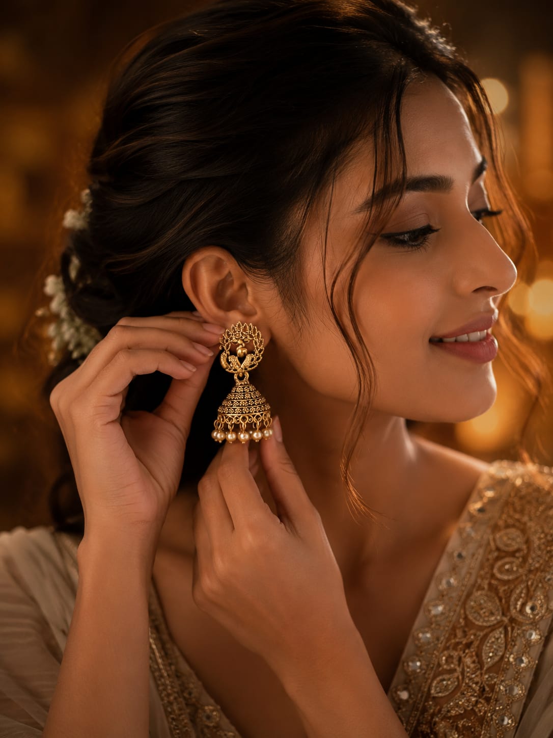 Antique Gold Peacock Jhumka with Pearl Drops | Shringarika, thumbnail 3