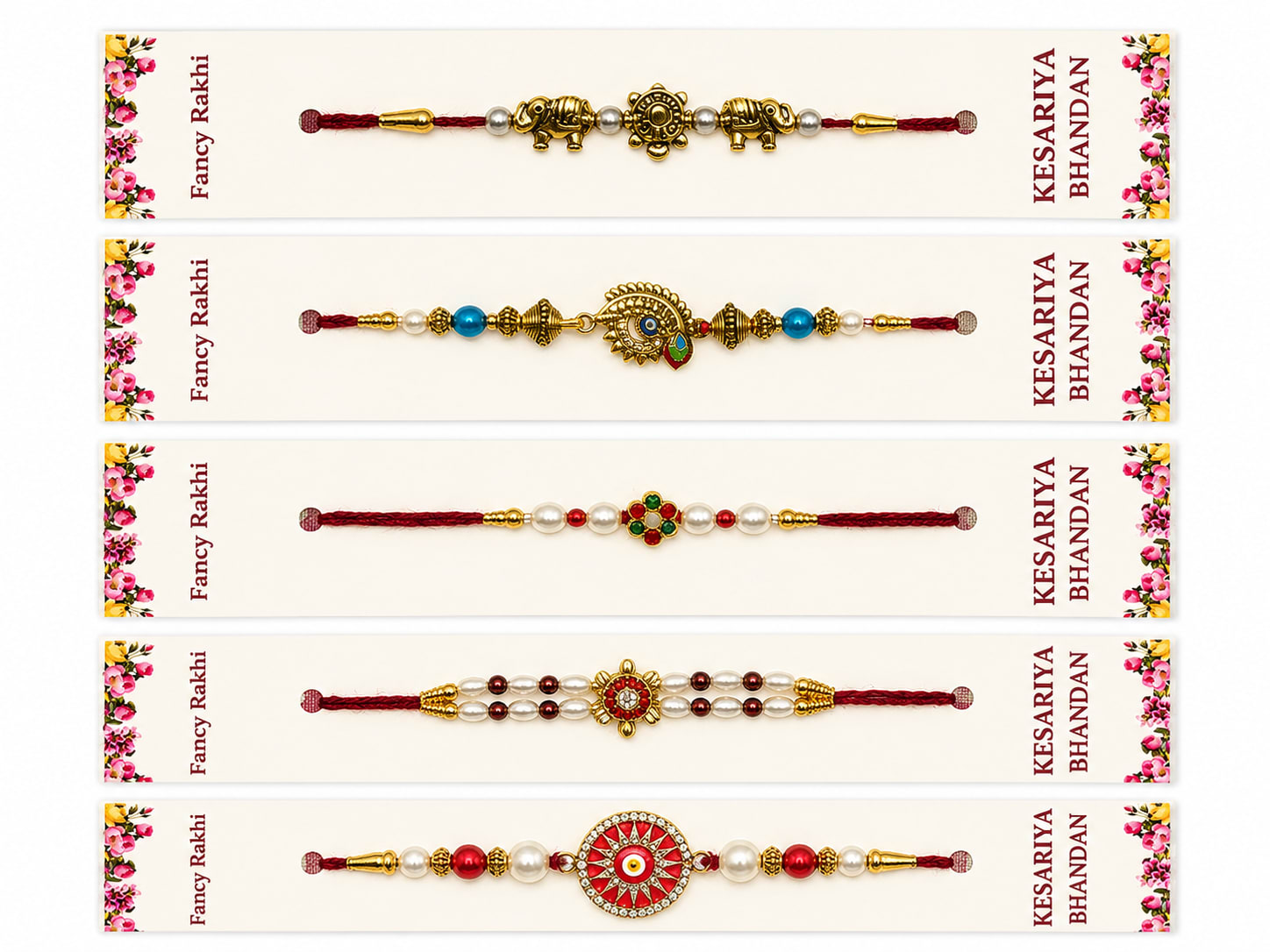 Kesariya Bandhan Premium Fancy Rakhi Set of 5 | Elephant, Peacock, Floral & Pearl Designer Rakhi Combo | Handcrafted Raksha Bandhan Rakhi for Brother — wholesale price India