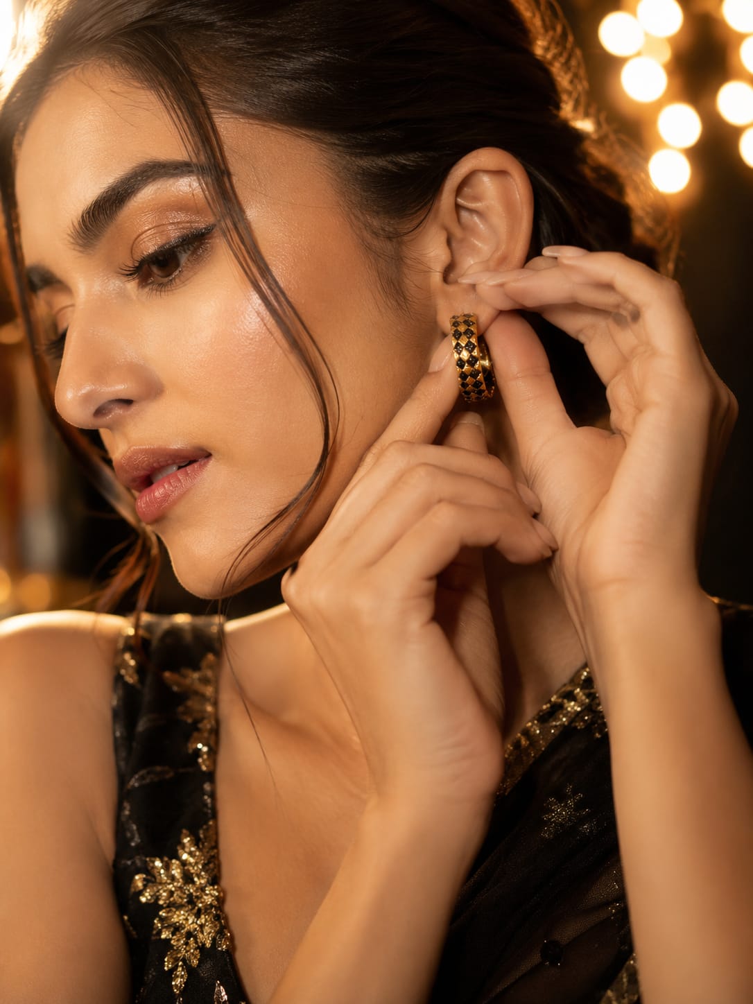 Shringarika Black & Gold Geometric Hoop Earrings for Women | Fashion Jewellery, thumbnail 2