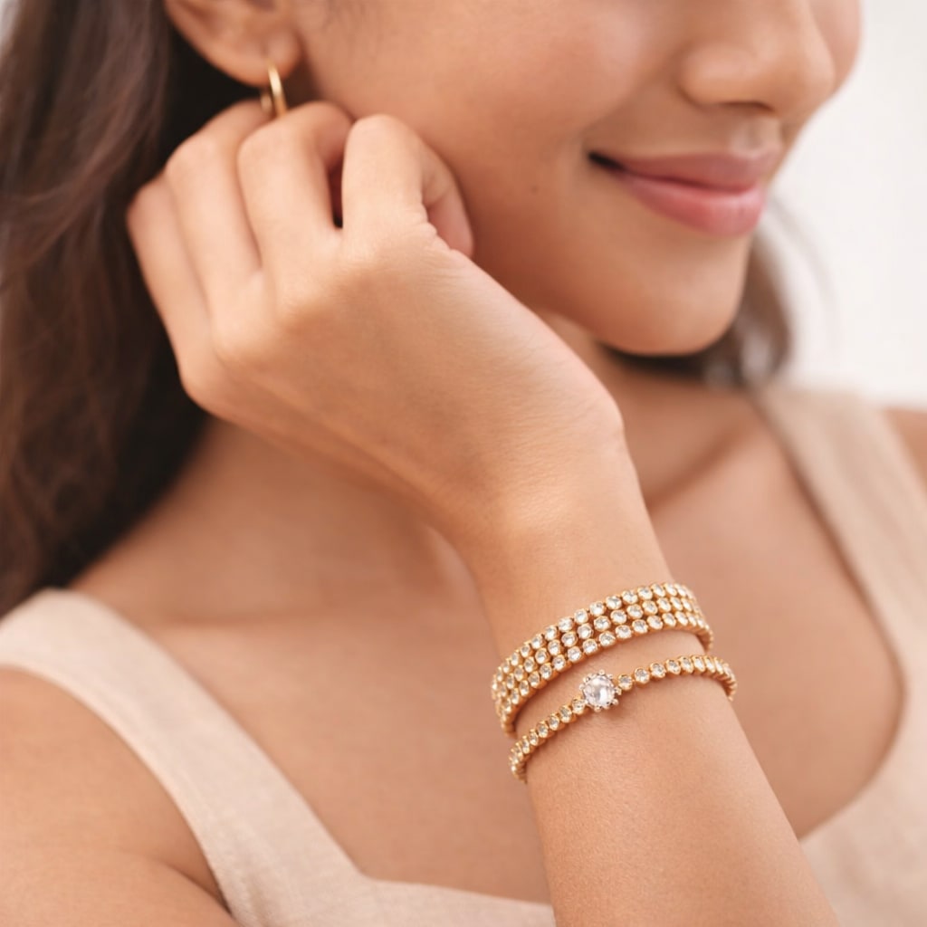Shringarika Women's Bracelet Combo Pack of 2 | Rose Gold Crystal Bracelet & Multicolor Beaded Stretch Bracelet, thumbnail 3