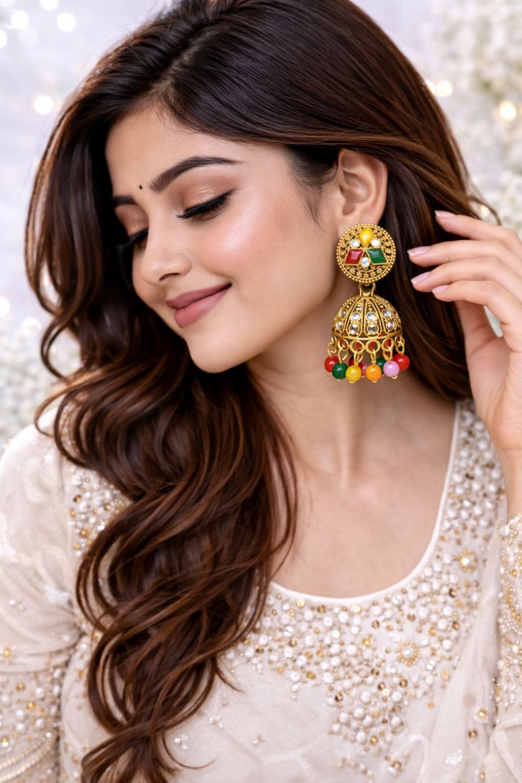 Antique Gold Plated Multicolor Jhumka Earrings for Women | Traditional Ethnic Dome Dangler Earrings with Crystal & Beads, shop online in India