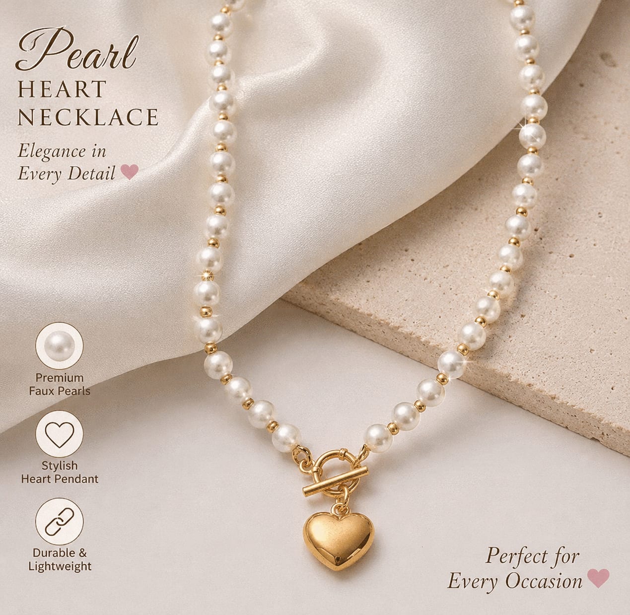 Elegant Pearl Beaded Heart Pendant Necklace for Women & Girls | Gold-Tone Chain | Fashion Jewelry, thumbnail 2
