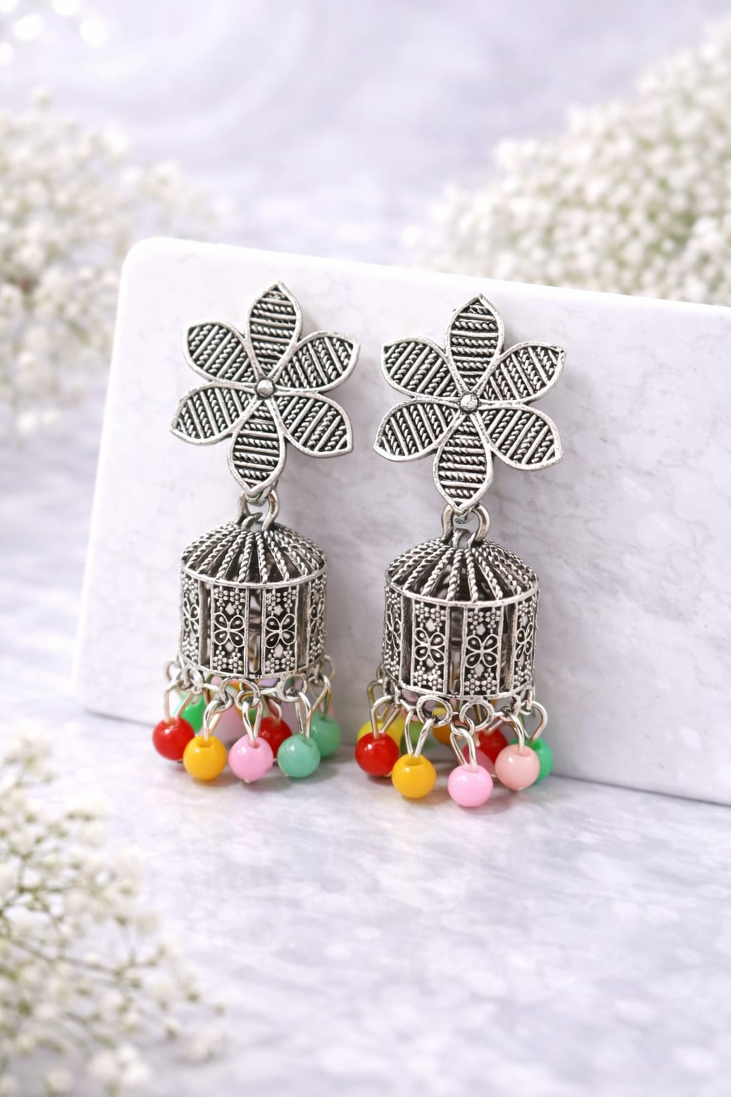 Oxidised Silver Plated Floral Jhumka Earrings for Women | Multicolor Beaded Ethnic Dangler Earrings, shop online in India