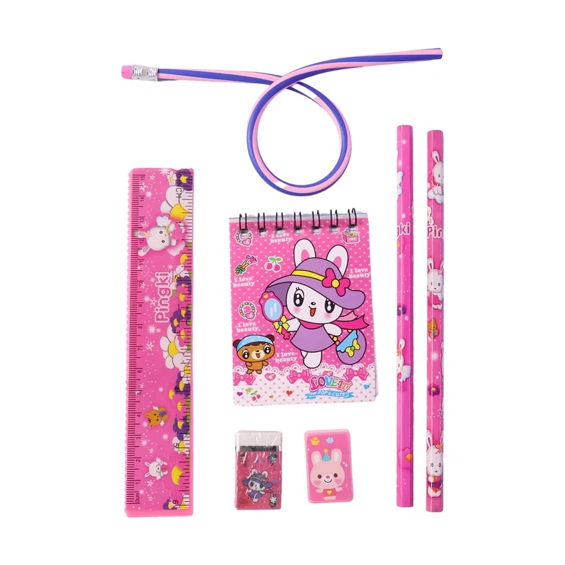 Cute Pink Kids Stationery Set 7 Pcs | School Supplies- Birthday Return Gift , thumbnail 2
