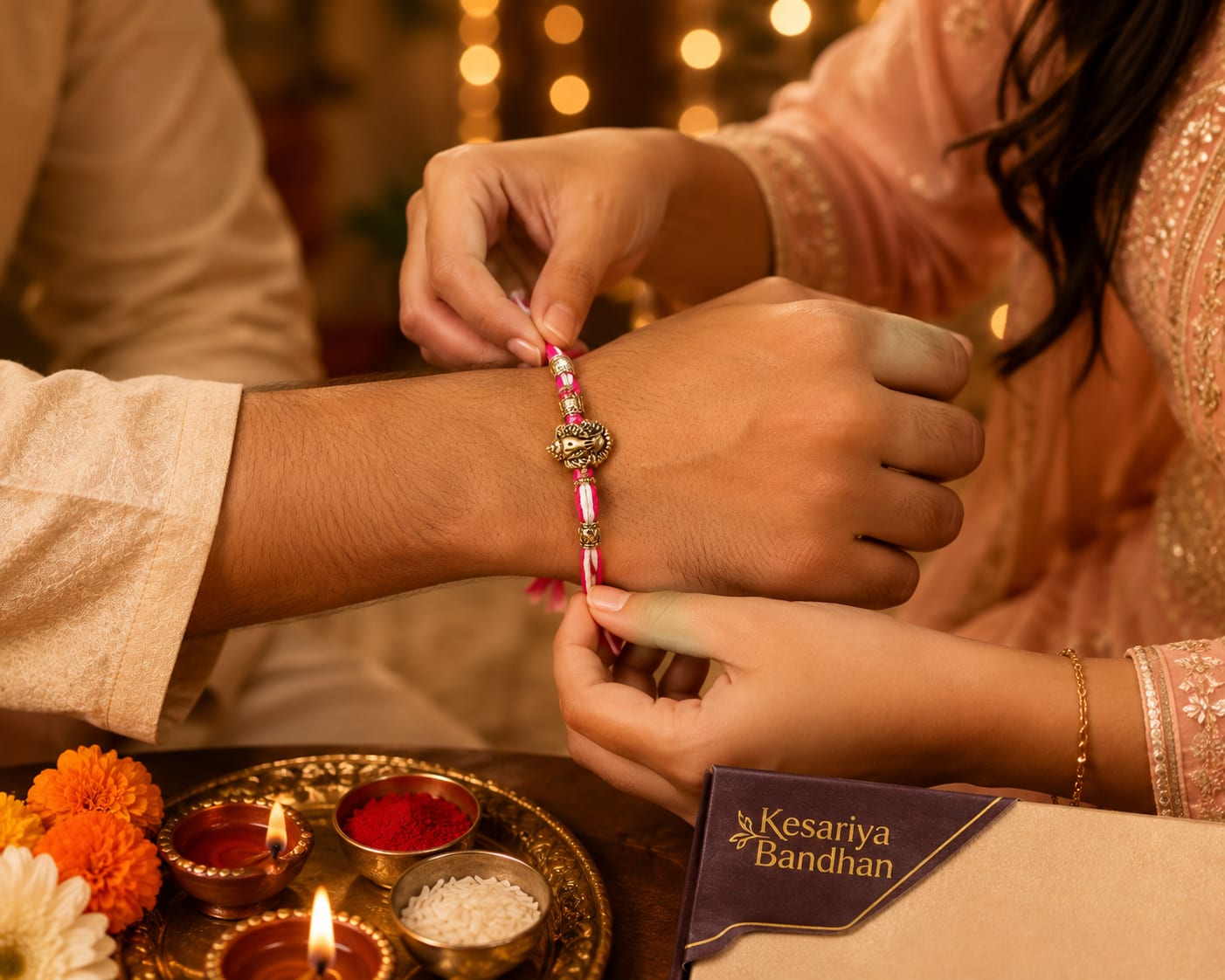 Premium Designer Rakhi for Brother | Elegant Pink & White Rakhi | Kesariya Bandhan, thumbnail 2