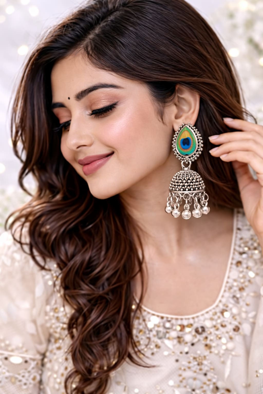 Oxidised Silver Plated Peacock Feather Jhumka Earrings for Women | Traditional Ethnic Dome Dangler Earrings, thumbnail 2