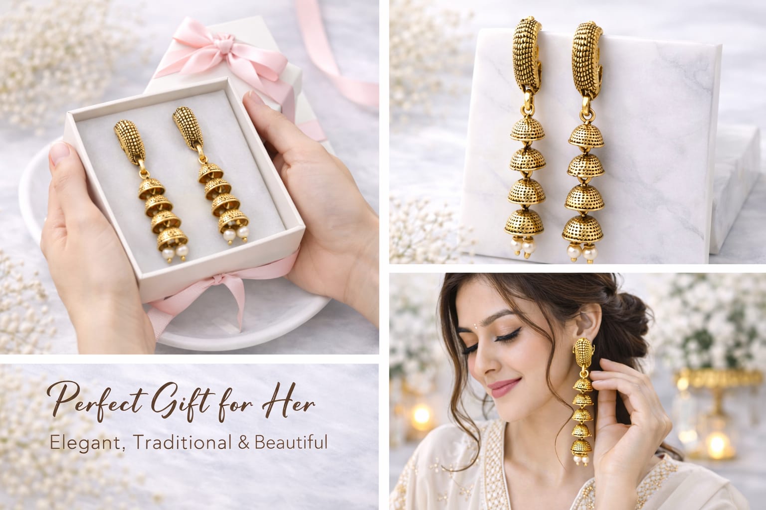 Antique Gold Plated Multi Dome Jhumka Drop Earrings for Women | Traditional Ethnic Dangler Earrings with Pearl Accents, thumbnail 2