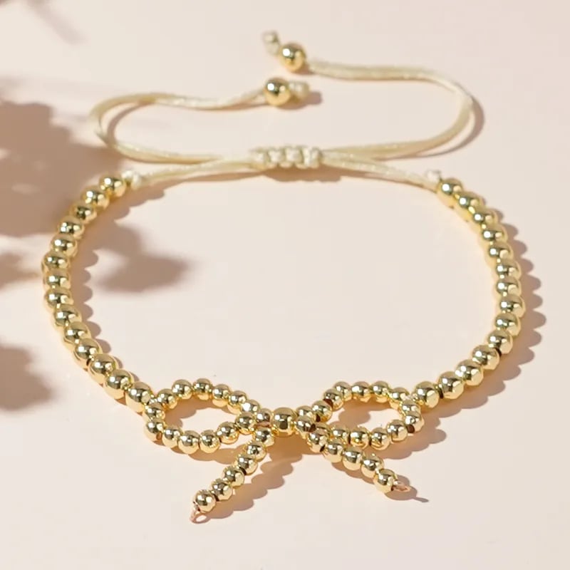 Adjustable Gold Beaded Crystal Bow Bracelet for Women & Girls | Elegant Hand Bracelet, thumbnail 3