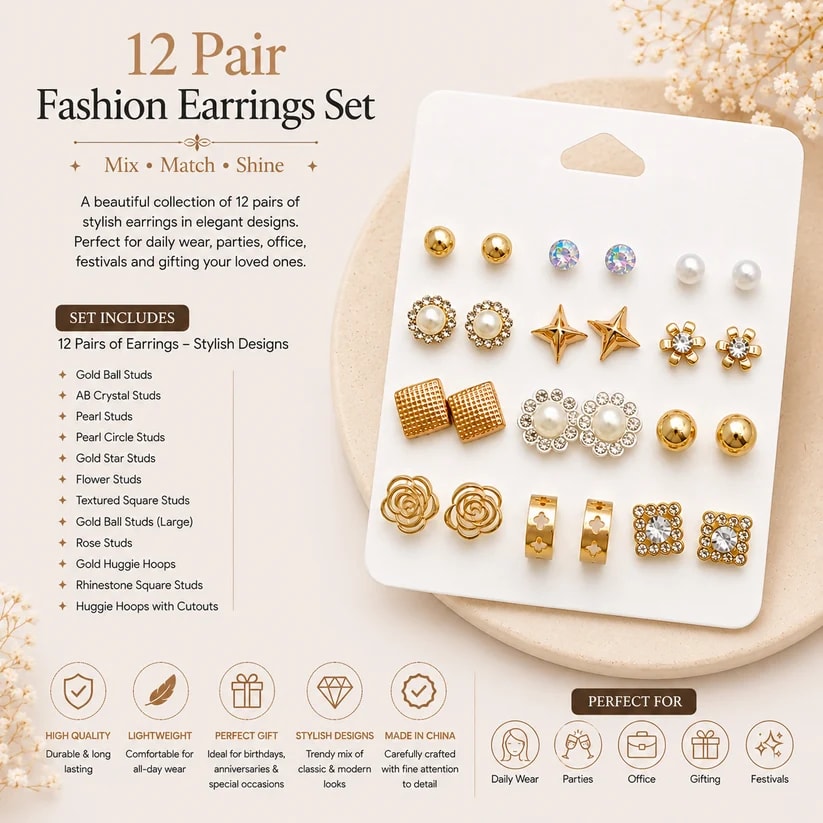 Shringarika by Dkautin Enterprises Assorted 9-Pair Golden Finish Fashion Earring Combo Set, thumbnail 3