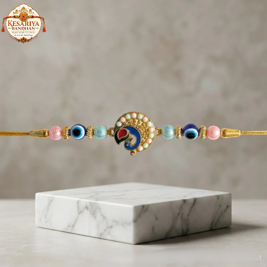 Meenakari Peacock Evil Eye Rakhi | Kesariya Bandhan, thumbnail 2