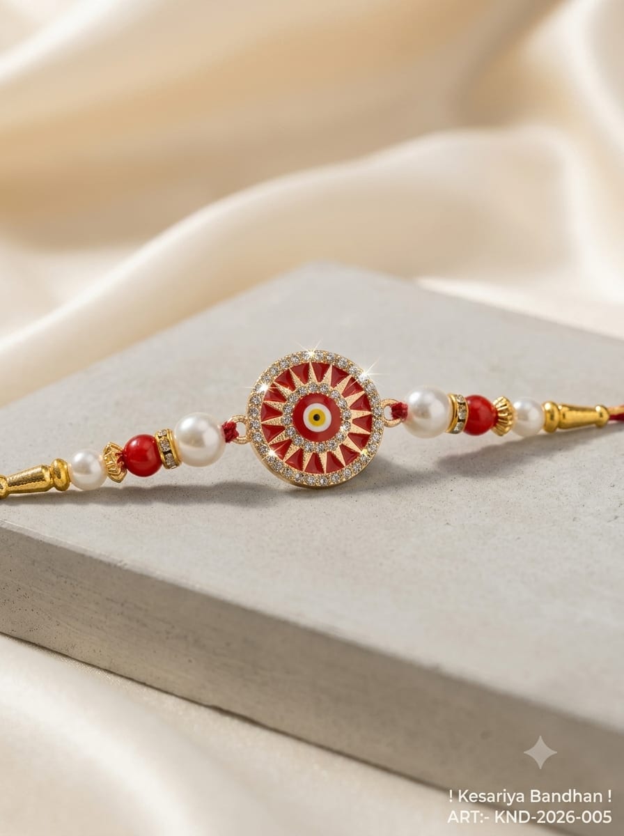 Kesariya Bandhan Premium Red Evil Eye Rakhi for Brother | Pearl & Crystal Designer Rakhi, thumbnail 2