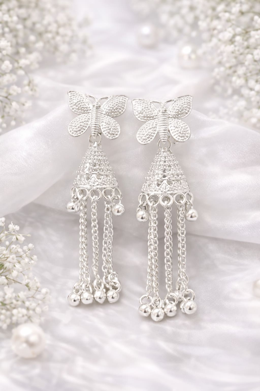 Silver Butterfly Tassel Earrings for Women | Crystal Stud Long Chain Drop Earrings | Party Wear Fashion Jewellery, thumbnail 3