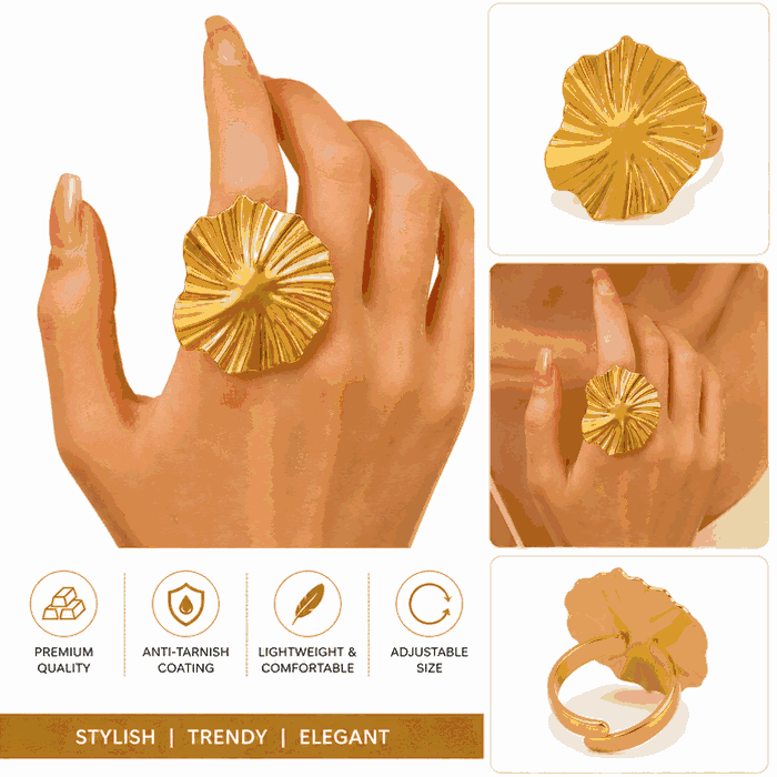 Elegant Gold-Tone Floral Statement Ring for Women & Girls | Adjustable Fashion Finger Ring, shop online in India