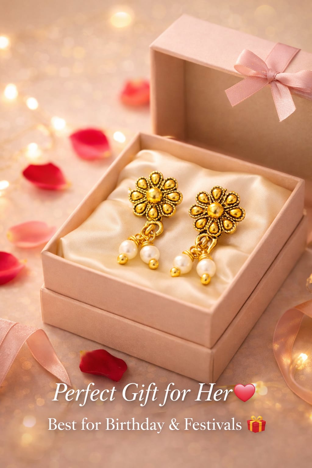 Traditional Oxidized Gold Flower Pearl Drop Stud Earrings for Women & Girls | Lightweight Ethnic Earrings | Pair of 1, thumbnail 3
