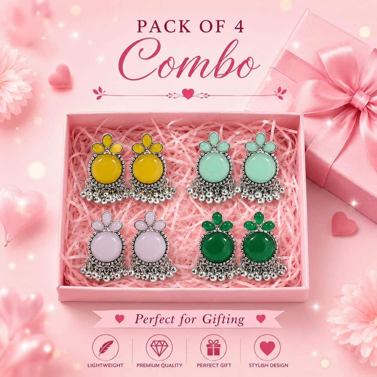 Pack of 4 Oxidised Jhumka Earrings Combo for Women & Girls | Multicolor Traditional Drop Earrings Set, thumbnail 2