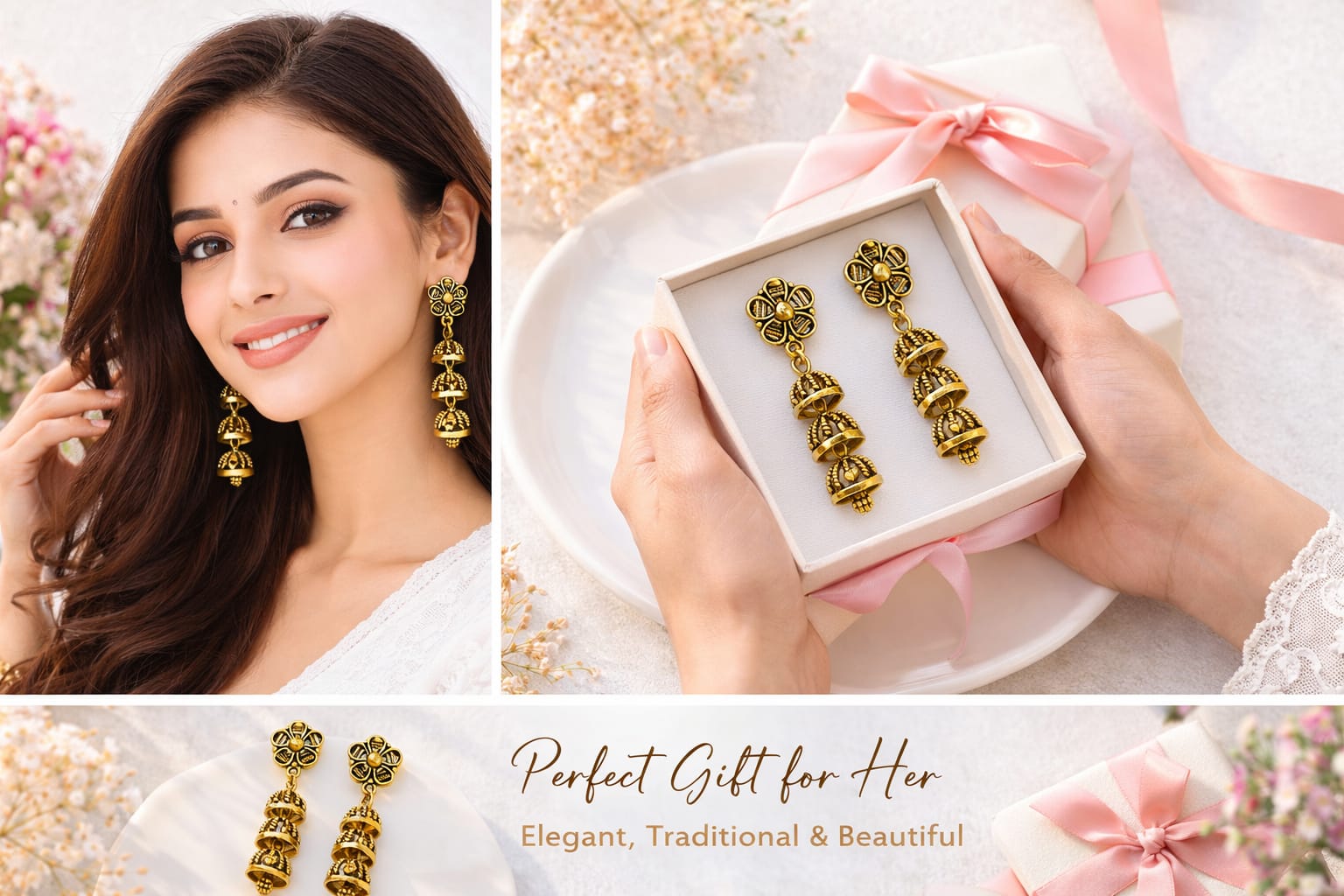 Traditional Oxidized Gold Triple Jhumki Drop Earrings for Women & Girls , thumbnail 3