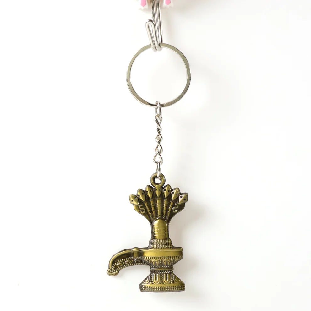 Shiv Ling Metal Keychain with Sheshnag | Mahadev Religious Key Ring for Car, Bike, House & Office Keys | Antique Brass Finish — wholesale price India