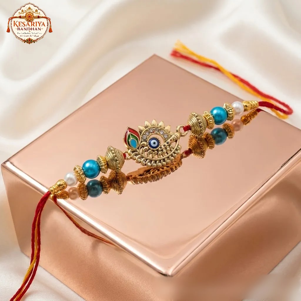 Peacock Evil Eye Rakhi with Blue Pearls | Kesariya Bandhan, shop online in India