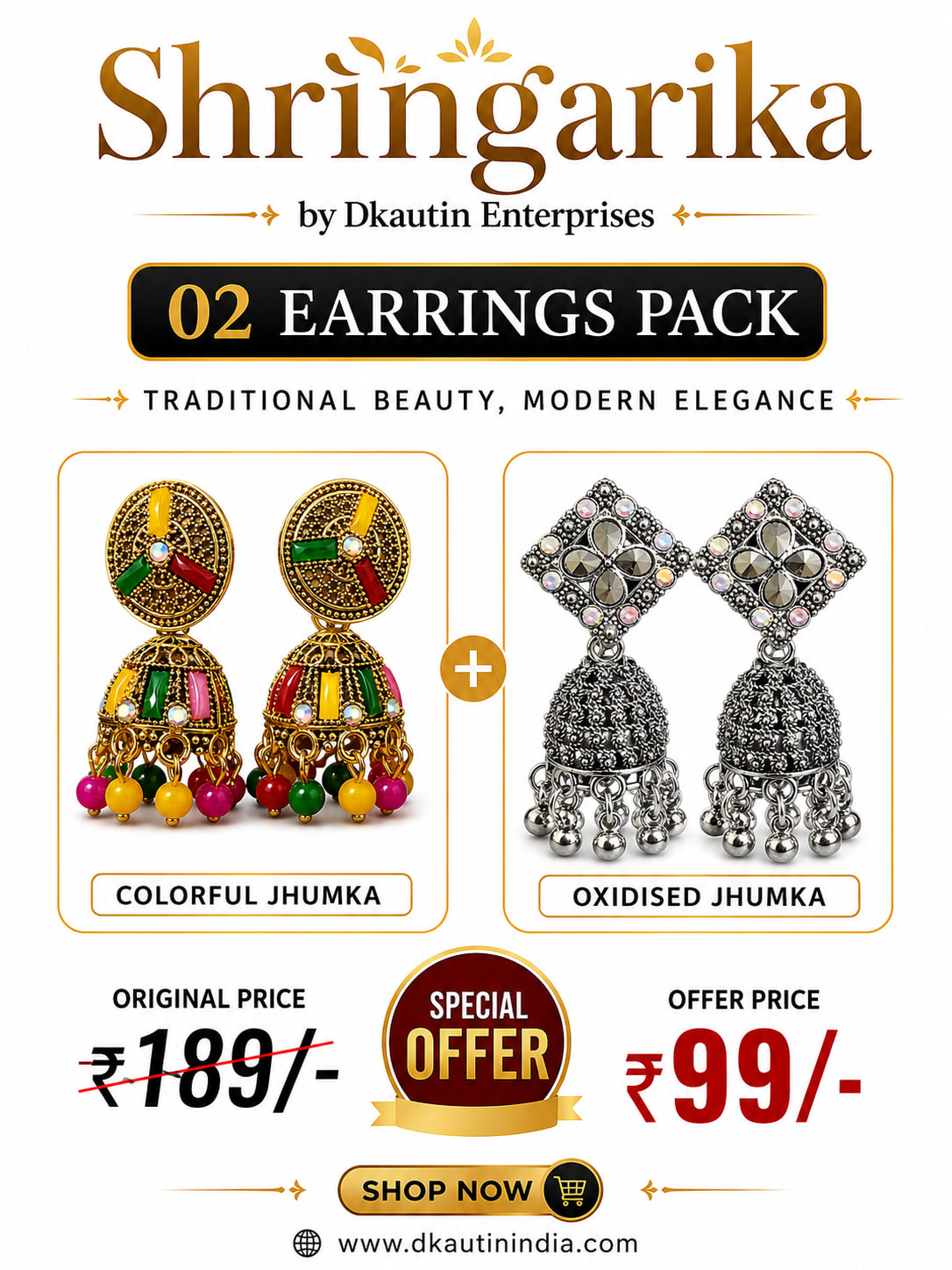 Enamel & Oxidised Jhumka Earrings – Pack of 2 | Shringarika, shop online in India