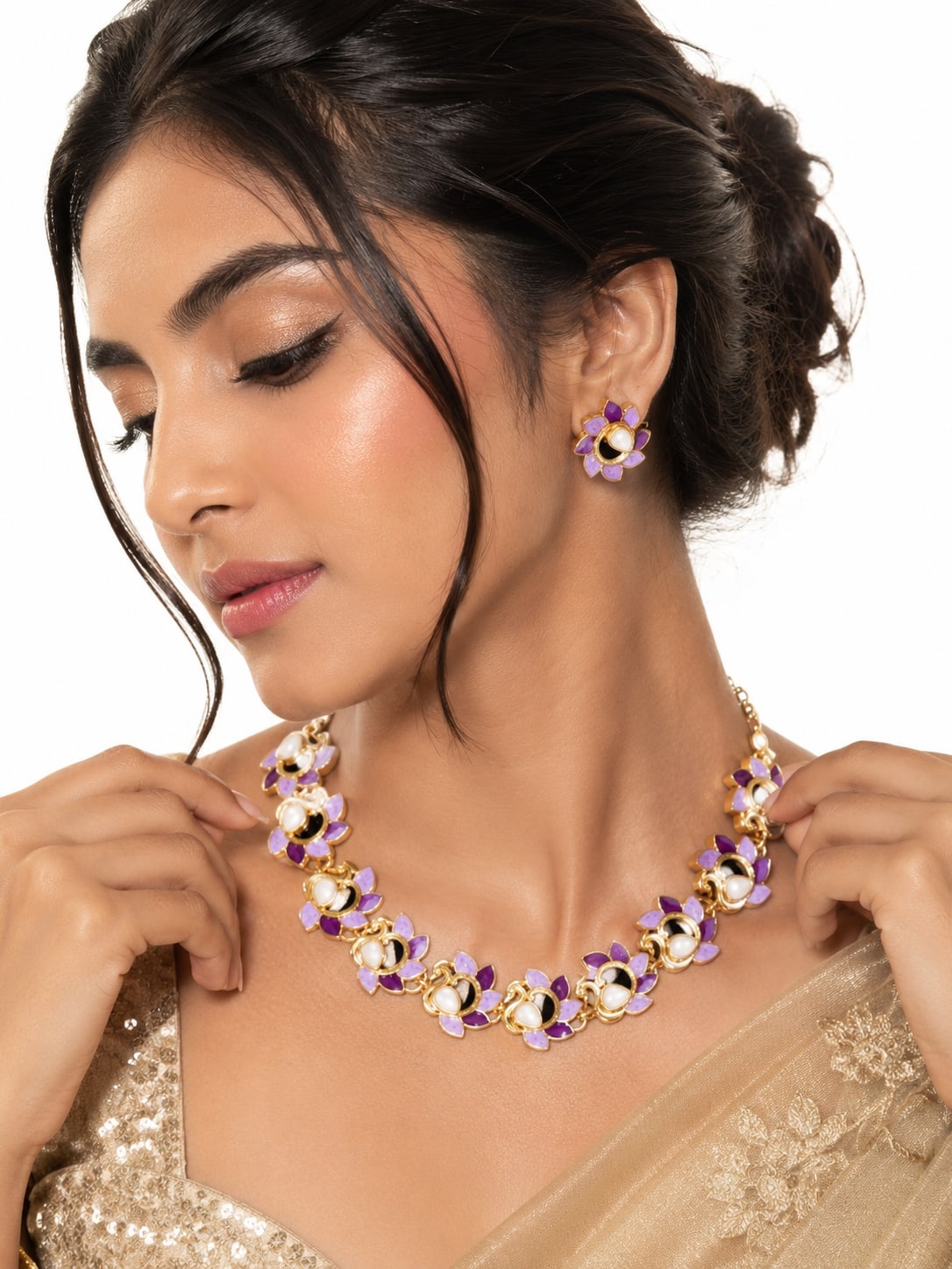 Shringarika Purple Lotus Enamel White Stone Gold-Tone Necklace & Earrings Jewellery Set for Women, thumbnail 2