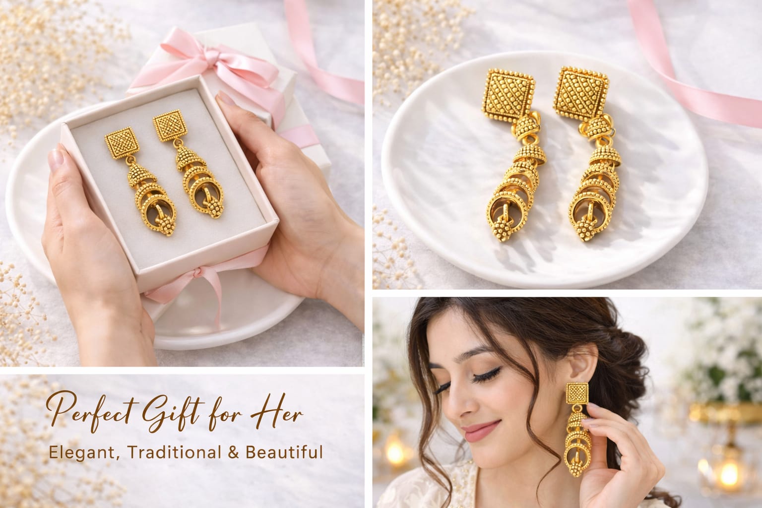 Antique Gold Plated Geometric Drop Earrings for Women | Traditional Ethnic Dangler Earrings | Lightweight Fashion Jewellery, thumbnail 2