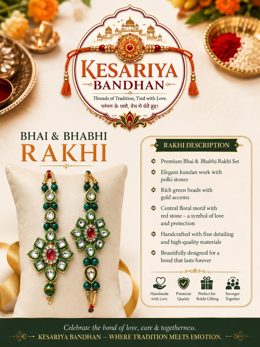 Kesariya Bandhan Premium Bhai Bhabhi Rakhi Set | Green Kundan & Stone Work Designer Rakhi Pair | Traditional Raksha Bandhan Gift for Brother & Bhabhi — wholesale price India