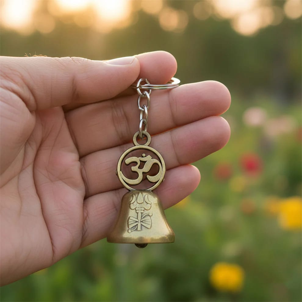 Vintage Brass Finish Bell Keychain with Om Symbol | Metal Lucky Key Ring for Car, Bike, Home & Office Keys | Decorative Religious Key Holder, thumbnail 3