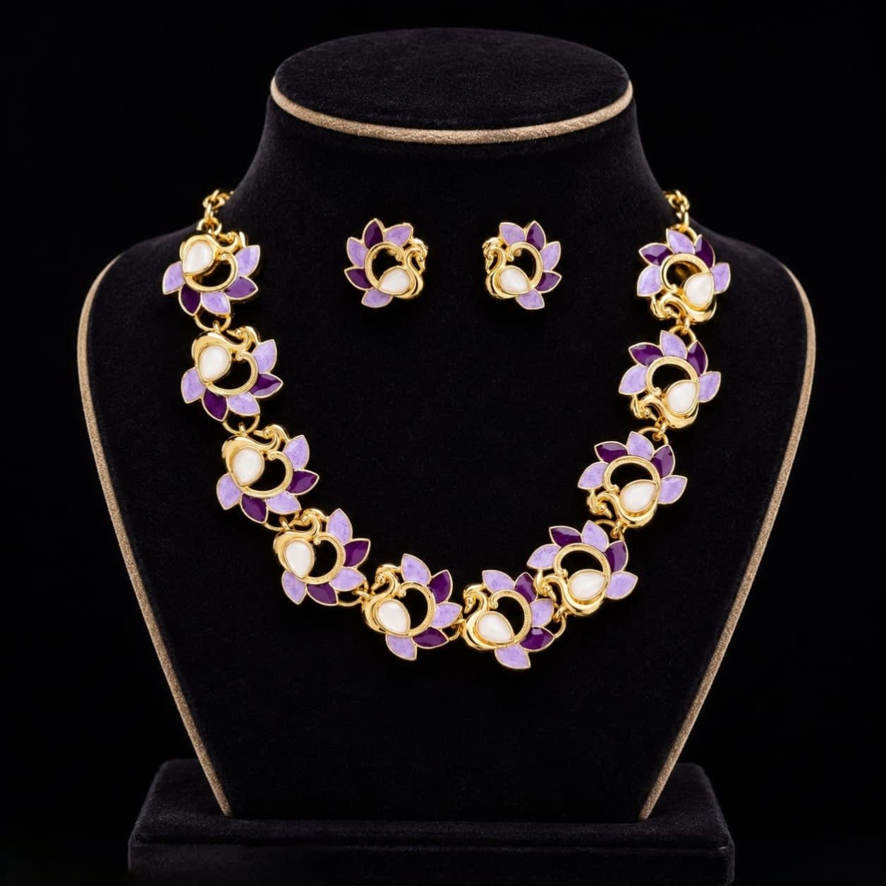 Shringarika Purple Lotus Enamel White Stone Gold-Tone Necklace & Earrings Jewellery Set for Women, shop online in India