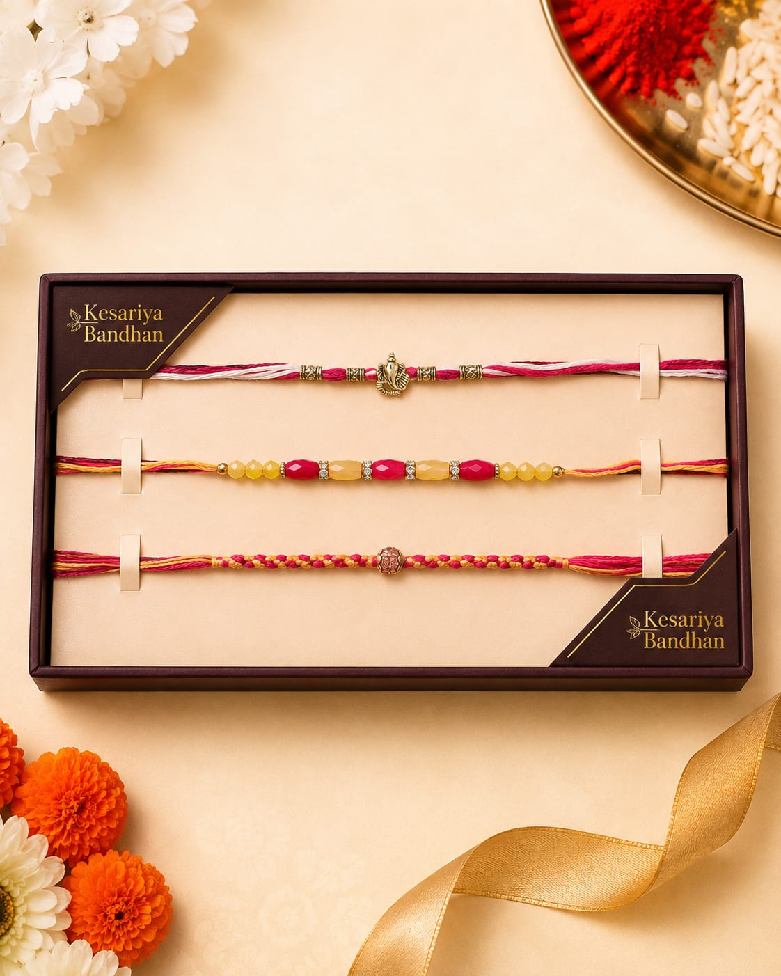 3 Rakhi Combo Pack for Brother | Designer Rakhi Gift Set – Kesariya Bandhan, shop online in India