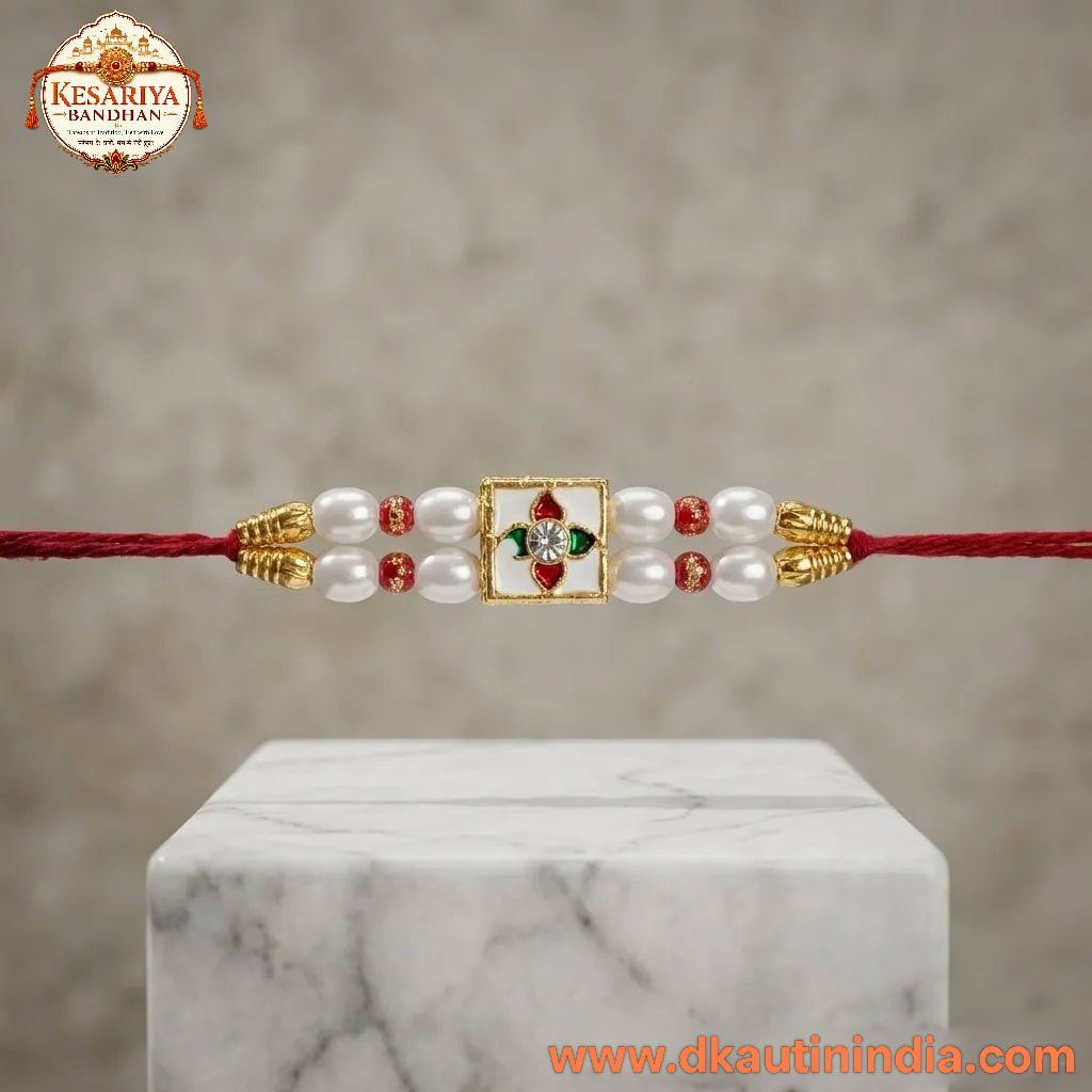 Premium Pearl Designer Rakhi for Brother | Red Thread Kundan Style Rakhi with Multicolor Centre, thumbnail 3