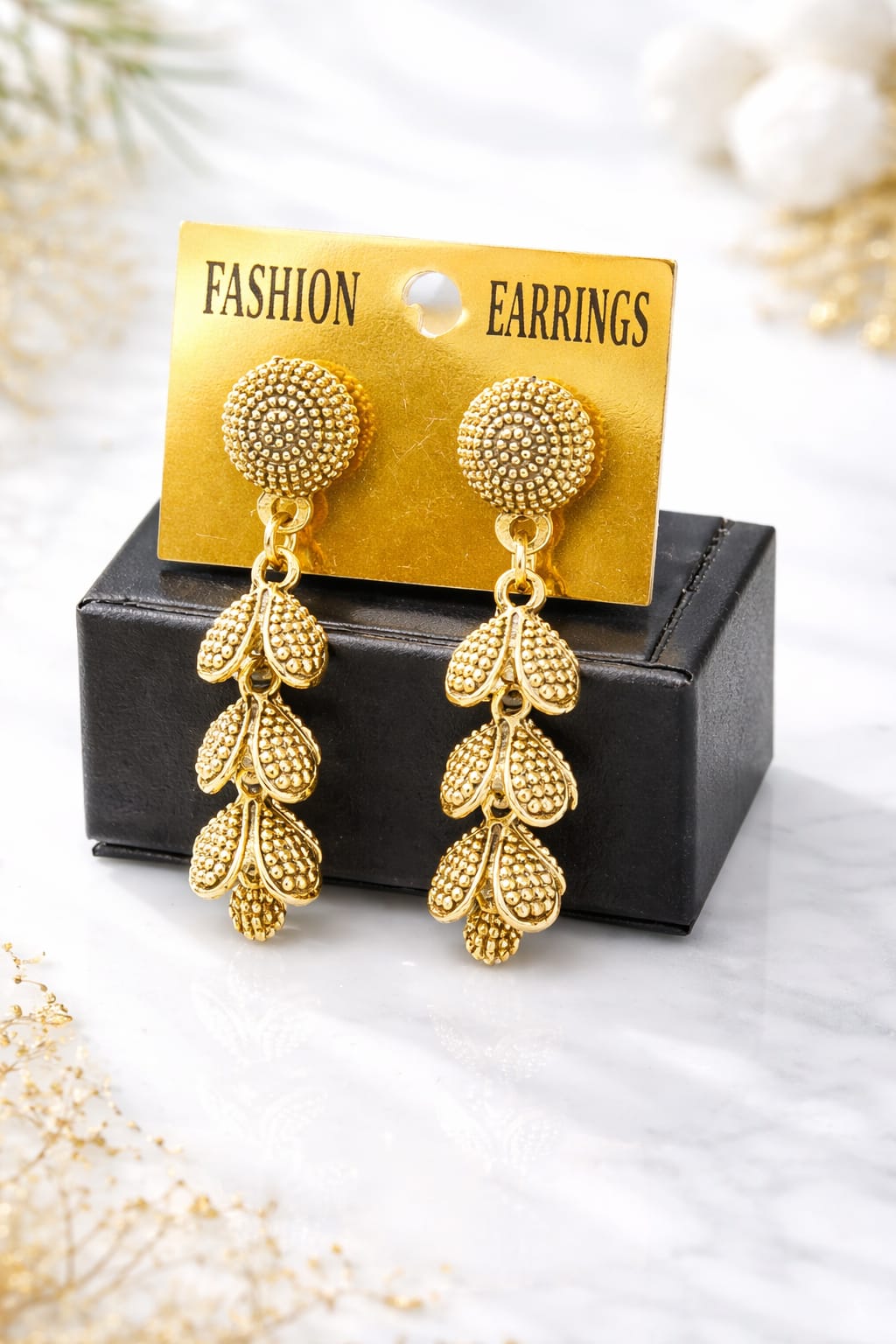 Antique Gold Plated Leaf Drop Earrings for Women | Traditional Ethnic Dangler Earrings | Lightweight Fashion Jewellery, shop online in India