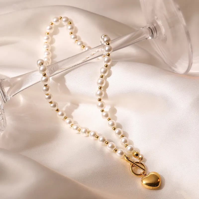 Elegant Pearl Beaded Heart Pendant Necklace for Women & Girls | Gold-Tone Chain | Fashion Jewelry, thumbnail 3