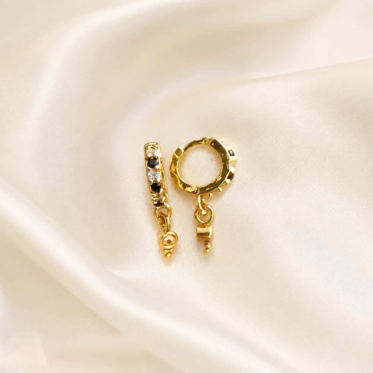 Shringarika Gold-Tone Black & White Crystal Huggie Hoop Earrings for Women, thumbnail 2