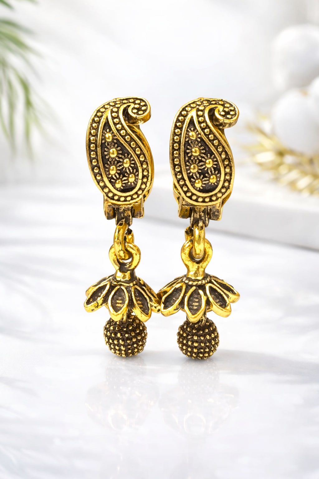 Antique Gold Plated Paisley Drop Earrings for Women | Traditional Ethnic Dangler Earrings | Lightweight Party & Festive Wear, shop online in India