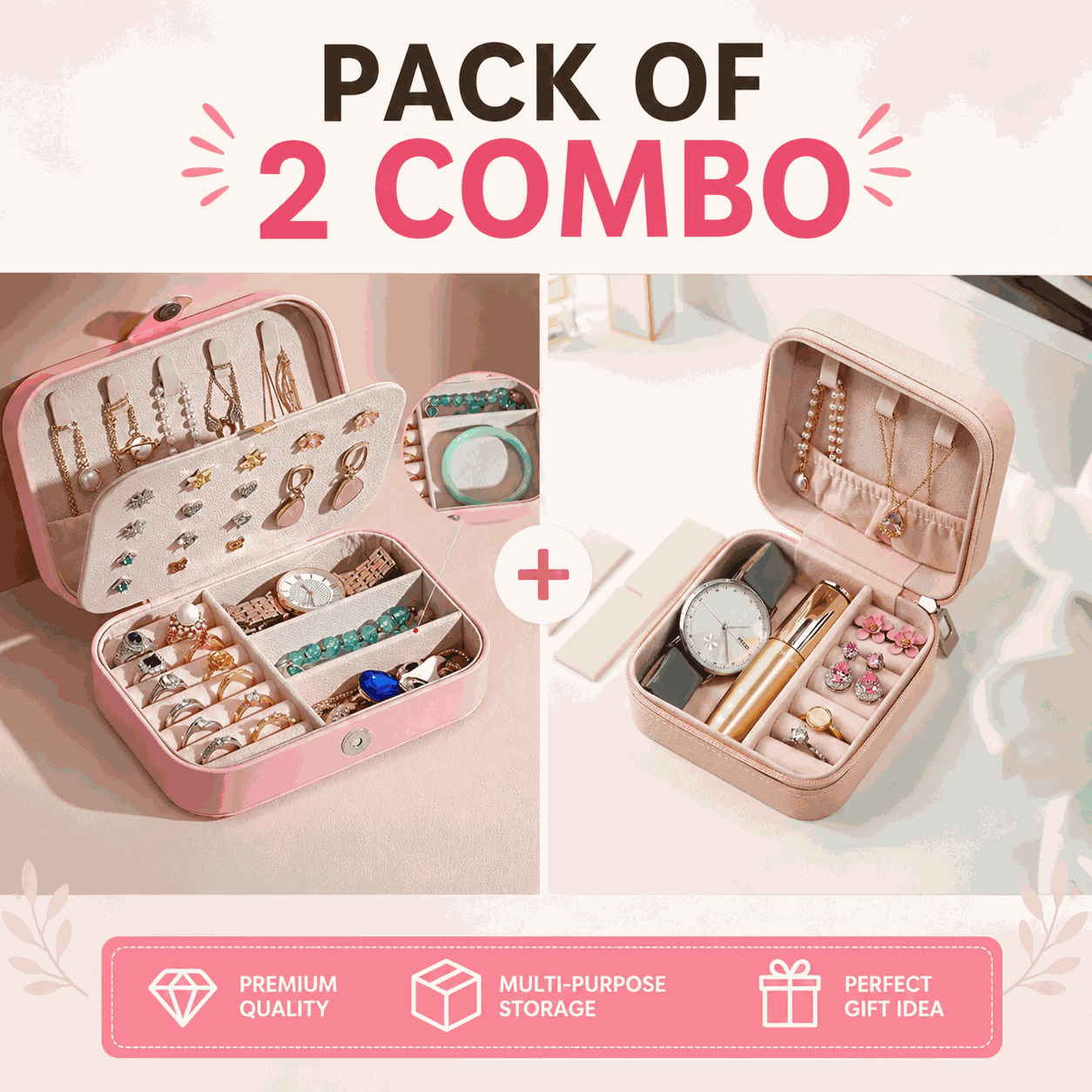 Pack of 2 Portable PU Leather Travel Jewelry Organizer Boxes | Ring, Earring & Necklace Storage Case, shop online in India