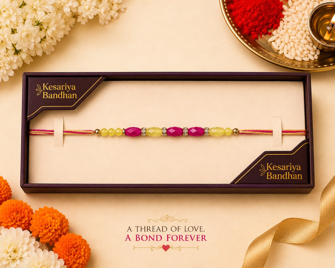 Designer Rakhi for Brother | Pink & White Premium Rakhi- Kesariya Bandhan, shop online in India