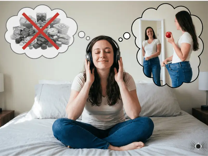 Mulher de fones de ouvido, expressão calma