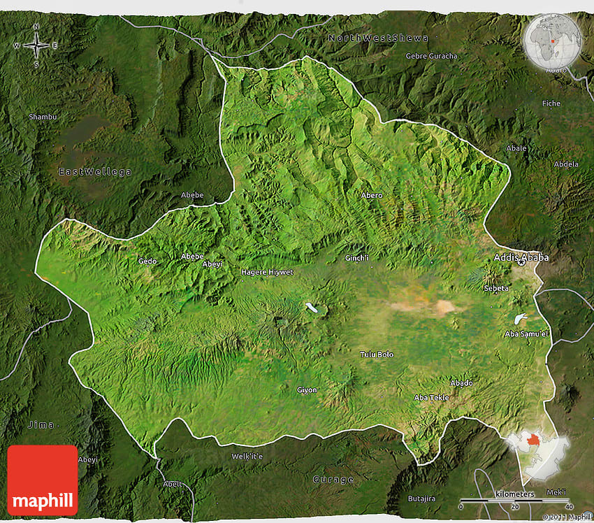 Satellite 3D Map of West Shewa, darken