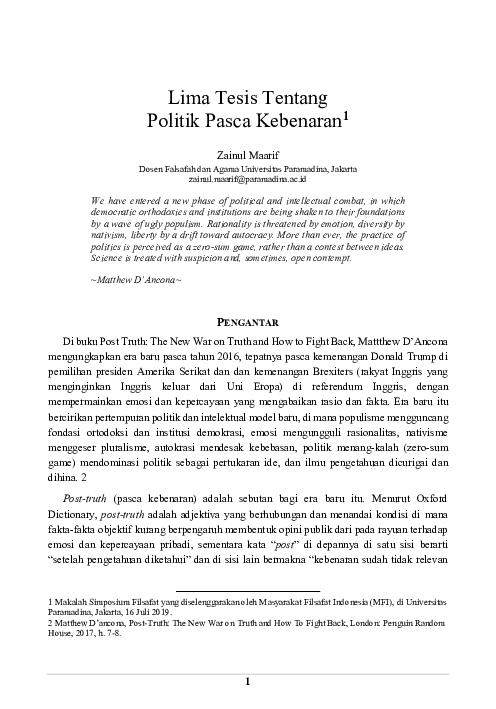 (PDF) Lima Tesis tentang Politik Pasca Kebenaran (Five Theses on Post ...